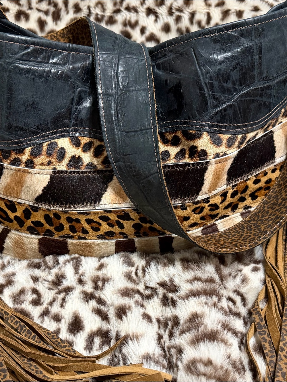 Fringe Animal-Print Shoulder Bag in Black and Brown